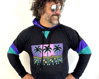 Vintage 80s 90s Florida Neon Palm Tree Puffy Sweatshirt