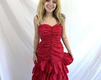 Vintage 1980s 80s Roberta Strapless Red Ruffled Prom Dress