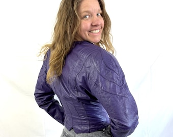 Vintage 1990er 90er Jahre Chia Lila abgeschnittene Rocker Lederjacke