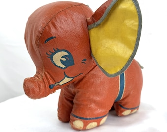 Vintage 1950s 50s Stuffed Animal CUTE Zoo Elephant Oil Cloth or Canvas Stuffed Plush Toy