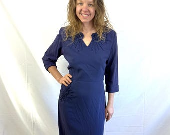 Vintage 40s 1940s Art Deco Beaded Crepe Rayon Dress Gown - XL