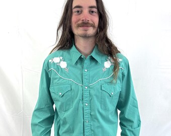 Vintage 90s 1990s Ely Diamond Western Pearl Snap Shirt with Embroidered Roses
