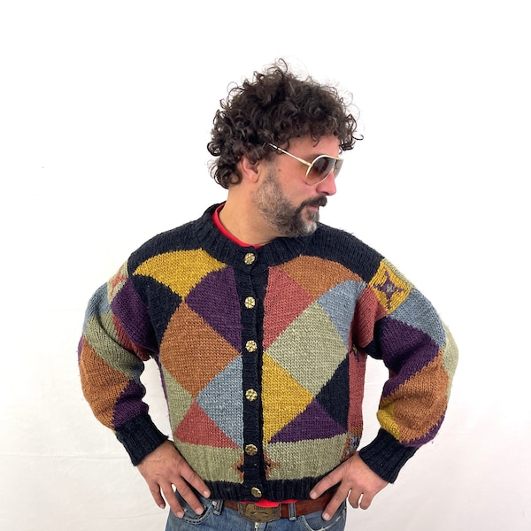 Vintage 1990s 90s Hand Knit Cardigan Hand-spun Wool Sweater - Made in Nepal - Tara Handknits