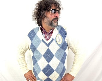 Vintage Blue White Argyle Lambswool Wool Pullover V-neck Sweater