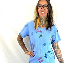 Vintage 90s 1990s Beach Print Blue Cotton Dress