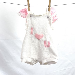 Vintage 1970s 70s White Pink Terry Cloth Overalls Onesie - Baby Bliss - I Heart U