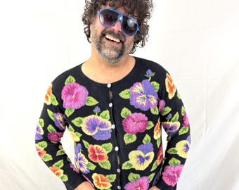 Vintage 1990s Floral Knit Cotton Cardigan Sweater