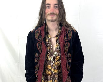 Vintage 1980s 80s Velvety Velvet Bohemian Paisley Swirl Jacket Coat - Saxton Hall