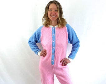Vintage 1980s 80s  Sears Pink Blue Fleece Jammies PJs Onesie Pajamas Sleepwear - Apostrophe
