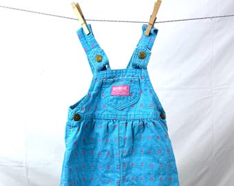 Baby Vintage Denim Overalls / Pink Flower Bubble / Osh Kosh