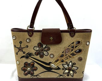 Vintage 1950s 50s Enid Collins Beaded Jeweled Top Handle Collectible Purse Bucket Handbag - Roadrunner