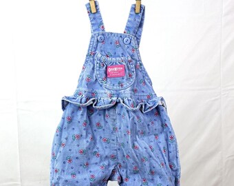 Vintage 1980s 80s Floral OshKosh B'Gosh Periwinkle Blue Corduroy Floral Ruffled Onesie Overalls - Size 12 months