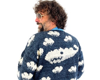 Vintage 90s 1990s Amano Hippie Wool Cloud Whale Fun Sweater Cardigan