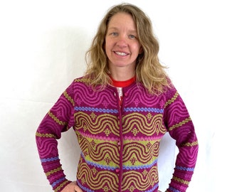 Vintage 1990s 90s Fun Oleana Alpaca Wool Pink Swirl Cardigan Sweater - Design by Solveig Hisdal