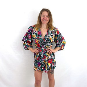 Vintage 1980s Polka Dot Floral Peplum Ruffled Top Mini Dress - By Susan Tudor