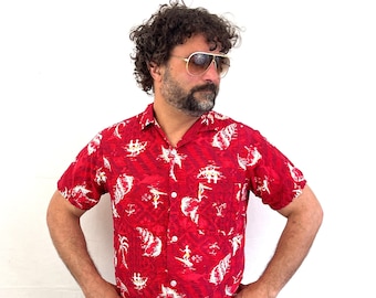 Vintage 1960s 60s Red Surfing Cotton Hawaiian Hawaii Button Up Shirt - Made in California