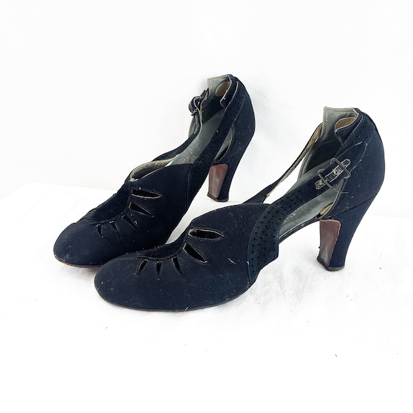 Vintage 30s 40s Heels Black Suede Heels Pumps Shoes - Turrells Shoes - 6 1/2