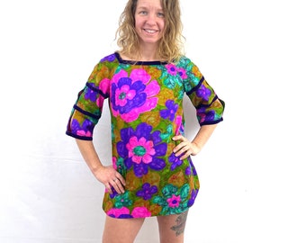 Vintage 1960s Kiyomi Hawaii Tiki Bark Cloth Hawaiian Mini Floral Dress - Velvet Trim