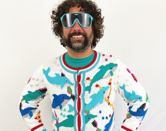 Amazing 80s Vintage Dolphin Knit Pima Cotton Button Up Cardigan Sweater -  by Berek