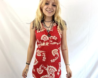 Vintage 1930s 1940s Red Tropical RARE Cotton Mini Dress - Paula Lounjgown