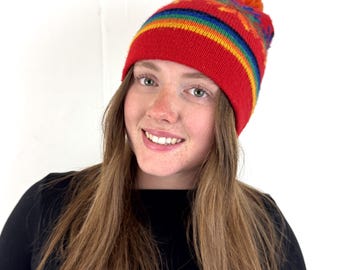 Vintage 1980s 80s Red Winter Striped Snowflake Acrylic Knit Hat