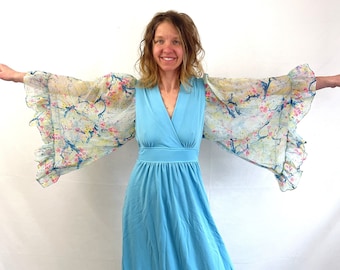 WOW Vintage 1970s 70s Blue Polyester Maxi Angel Bell Sleeve Dress