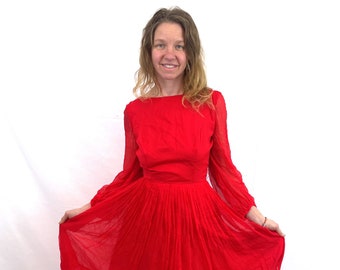 Vintage 1960s 60s Red Chiffon Party Dress Gown -Parkland Dallas