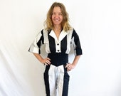 WOW Vintage 80s 1980s Black White Striped Onesie Romper Cotton Jumpsuit - By Seneca