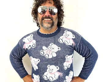 Vintage 1980s 80s Fun Teddy Bear Knit Sweater