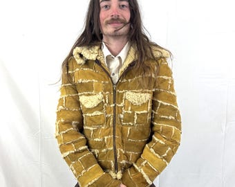 Vintage 1970s 70s Leather Suede Sheepskin Shearling Rockstar Patchwork Winter Coat Jacket