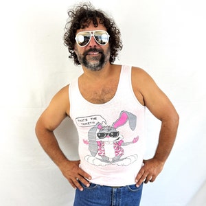Vintage 80er 1980er Jahre lustiges Bunny Rabbit Tank Top Shirt - Das ist die Fahrkarte!!!