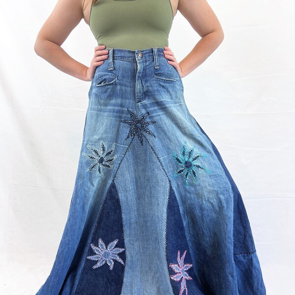 RARE OOAK Vintage 1970s 70s Hippie Patchwork Denim Maxi Skirt