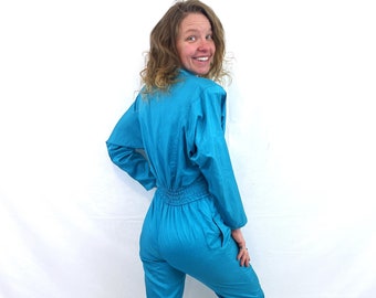 Super 1980s 80s Vintage Blue Joan Walters Polyester Pants Suit Romper Jumpsuit