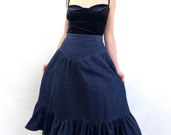 Vintage 80s 1980s You Babes Denim Maxi Skirt