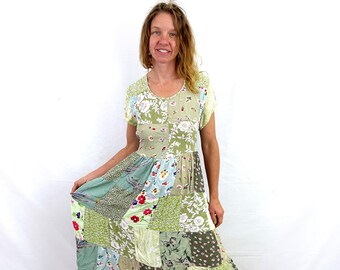Vintage 90s Summer Rayon Patchwork Floral Maxi Dress - American Angel
