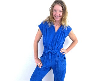 Vintage Blue Terry Cloth Evelyn Pearson Lounging Lounger One Piece Romper Jumpsuit