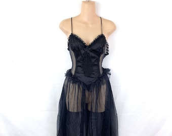 Vintage 1980s 80s Black Lingerie Negligee  Evening Wear Sheer Dress - Frederick's of Hollywood