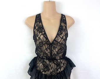 Vintage 1980s 80s Black Lingerie Lace Negligee Top Mini Dress - By Inner Most