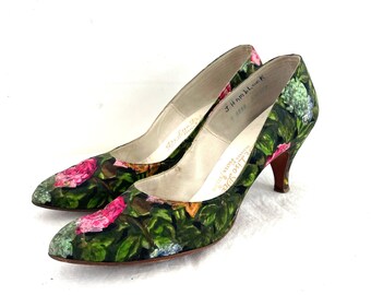 Rare 1950s De Liso Debs Floral Heels: Vintage Peep Toe Pumps, Size 9