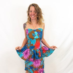 Super 80s 1980s Vintage Floral Fun Strapless Ruffled Ruched Party Dress Robbie Bee Size 14 image 1