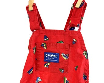 Vintage OshKosh Red Overalls 3T: 1990s Boat Print Onesie
