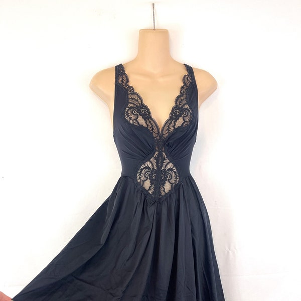 Vintage 1970s 70s Black XL Lace Nightgown Nylon Maxi Lingerie Gown - Olga