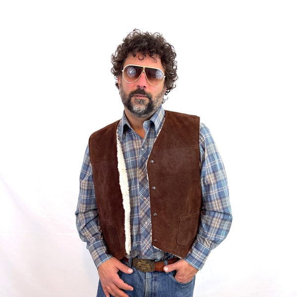 Vintage 1970s 70s Brown Suede Shearling Fur Vest - XL - Sears The Leather Shop