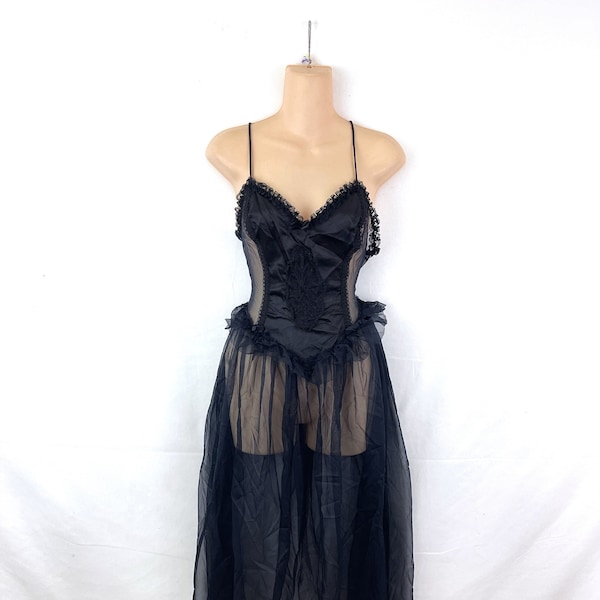 Vintage 1980s 80s Black Lingerie Negligee  Evening Wear Sheer Dress - Frederick's of Hollywood