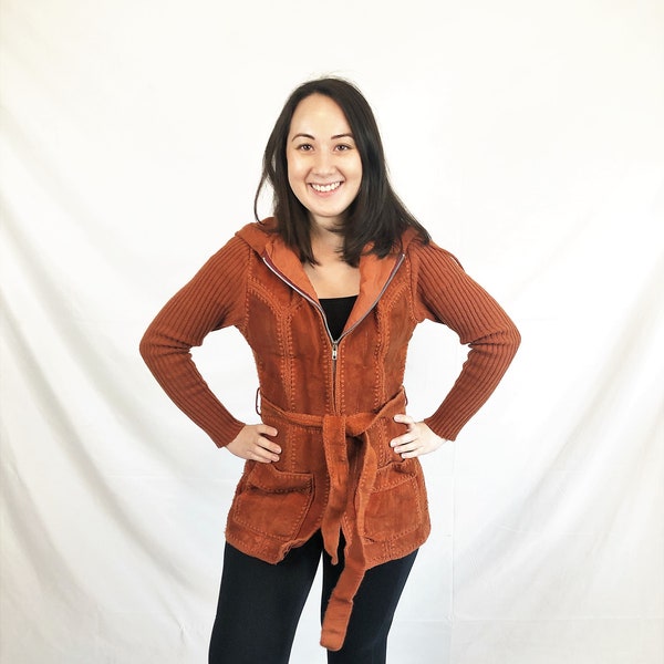 Vintage 70s 1970s Suede and Knit Brown Hoodie Hooded Cardigan Sweater - Exclusive Imports
