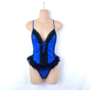 Vintage 1980s 80s Blue Black Lace Sexy Sweet Teddy Lingerie Negligee