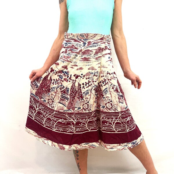 Lovely Vintage 1970s 70s Hippie Wrap Around Cotton Maxi India Print Geisha Cotton Skirt