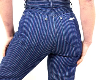 Vaqueros vintage de cintura alta, lavado oscuro, a rayas pastel, de los años 80 - Jordache