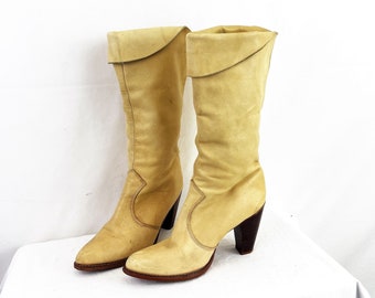 Vintage 1970s 70s Zodiac Tall Stacked Heel Boho Suede Leather Women's Boots - Size 11 1/2