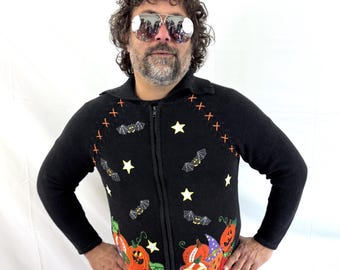 Ultimate Vintage 1990s 90s Knit Halloween Pumpkin Jack-o-Lantern Trick-or-Treat Cardigan Sweater - Tiara